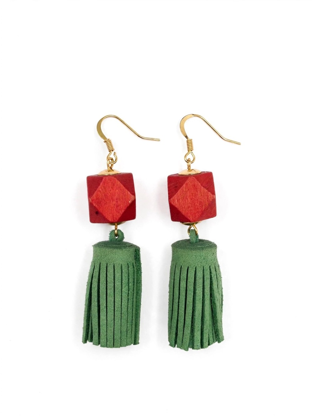 Green Tassel and Red Wood Bead Drop Earrings